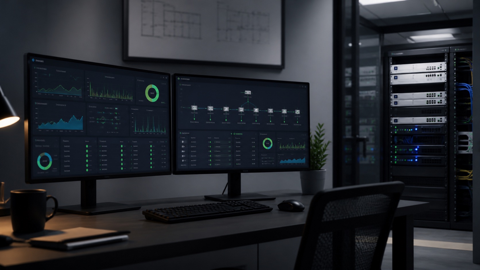 Business systems dashboard across laptop and monitor with workflow diagrams, metrics, and status panels