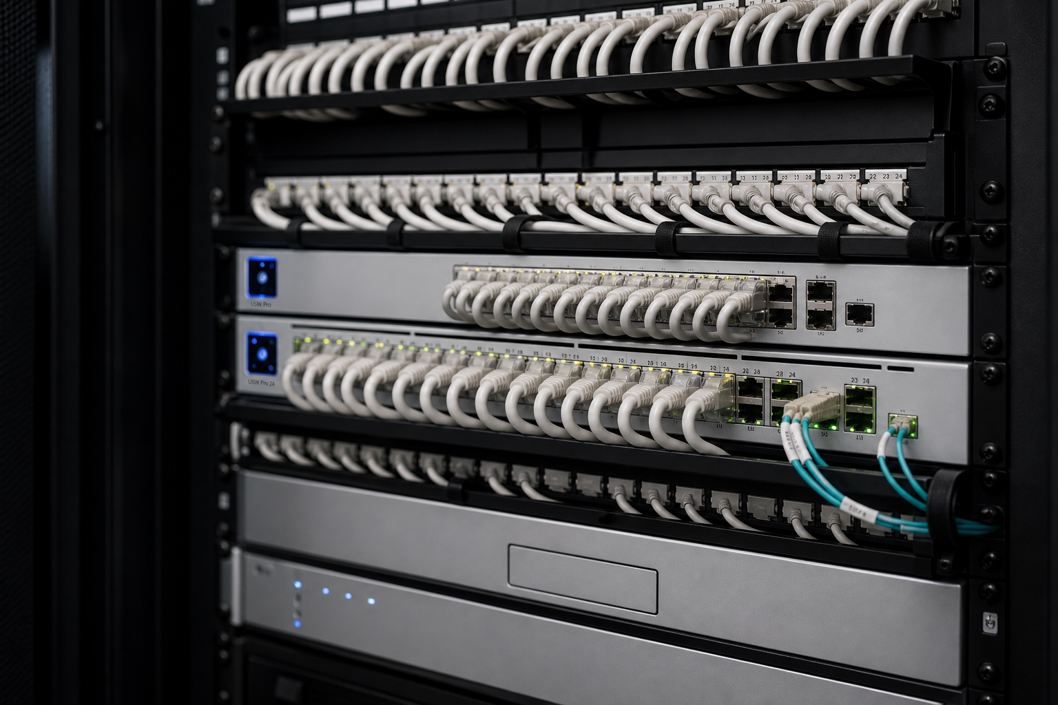 Close-up of organized UniFi-style switching, patch panels, and managed network cabling