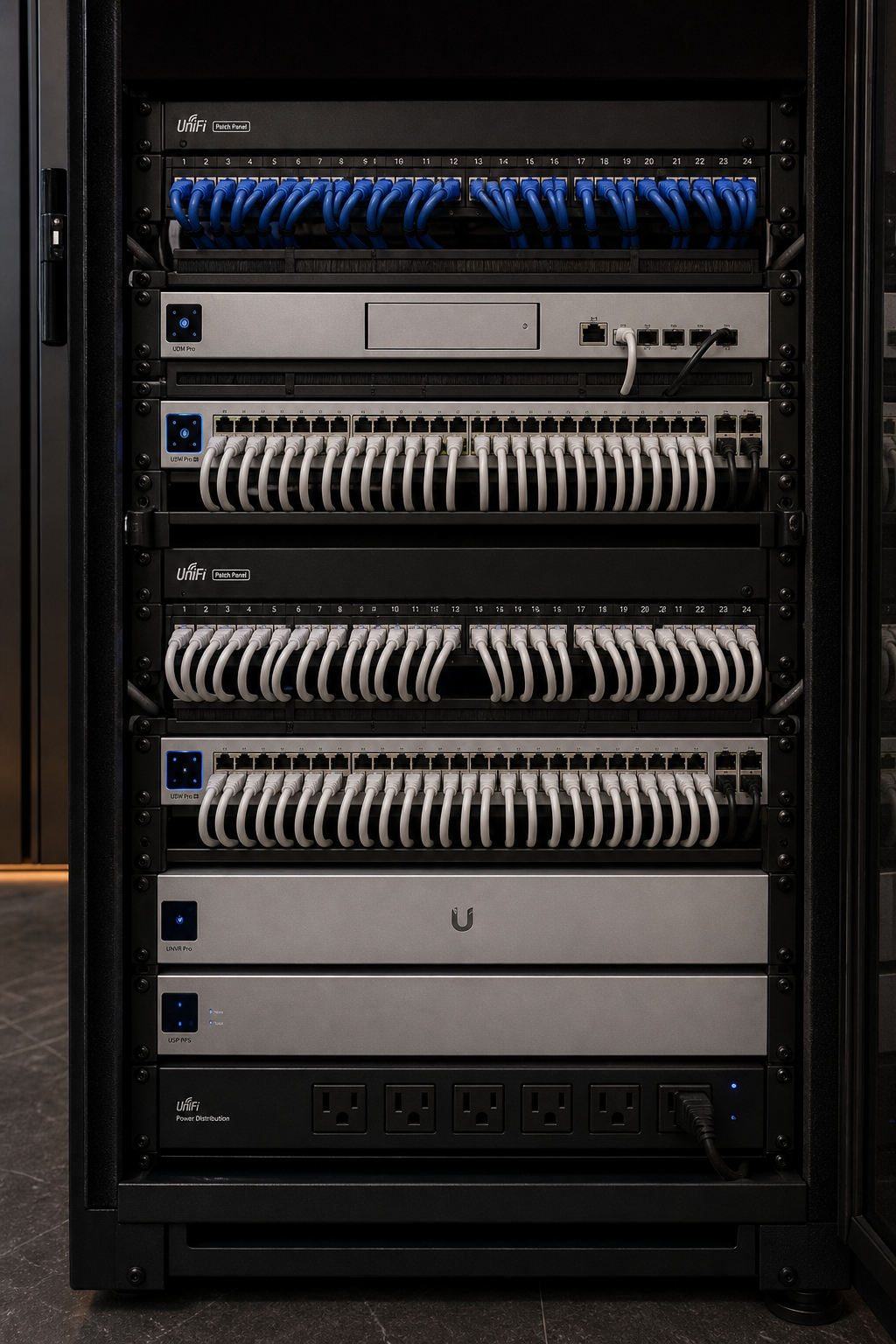 Professional UniFi network rack with patch panels, switches, power distribution, and organized cabling