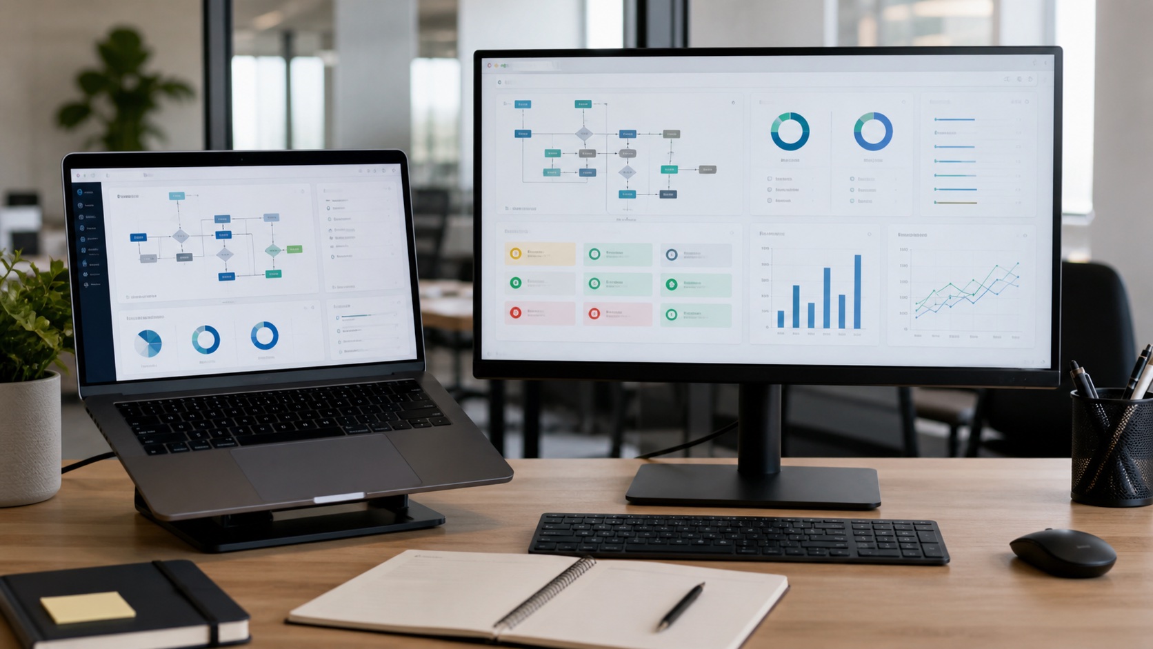 Network monitoring workstation with dashboards and infrastructure rack visible in the background