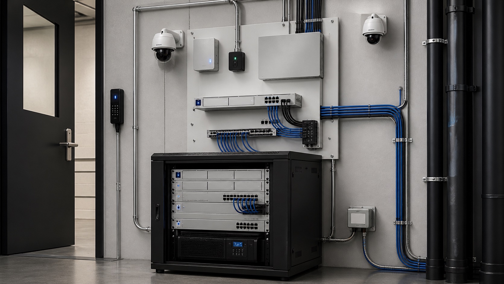 Door access reader, conduit, and security camera installed in a commercial corridor