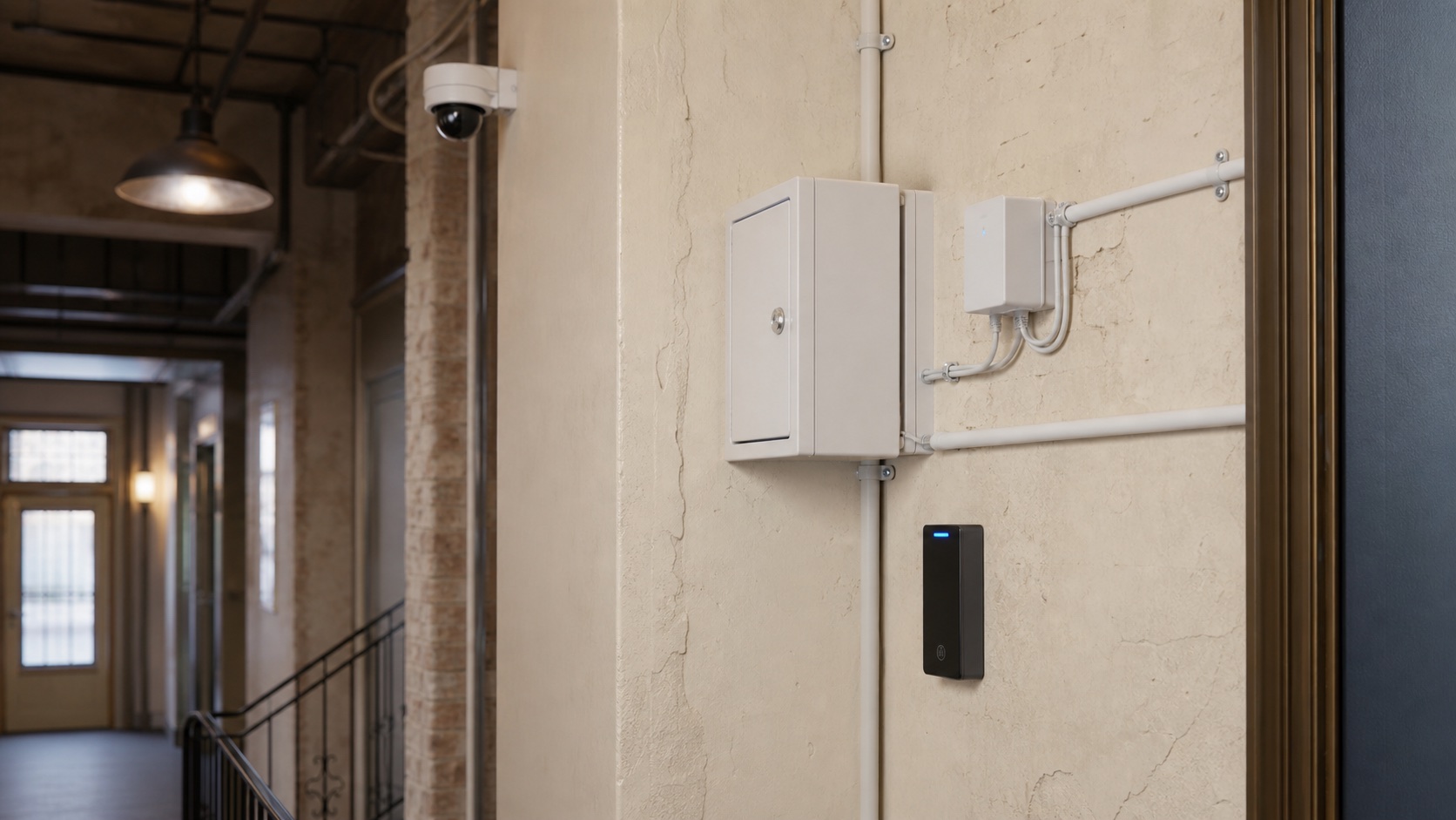 Integrated wall-mounted network, camera, access, and conduit infrastructure in a building technology room