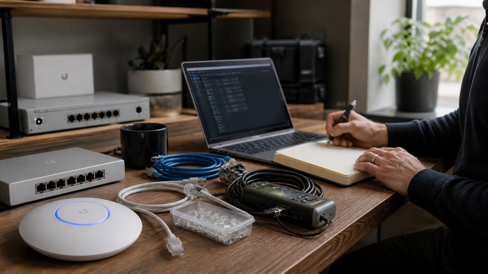 Business desk with phone, laptop, diagrams, reports, and vendor review paperwork
